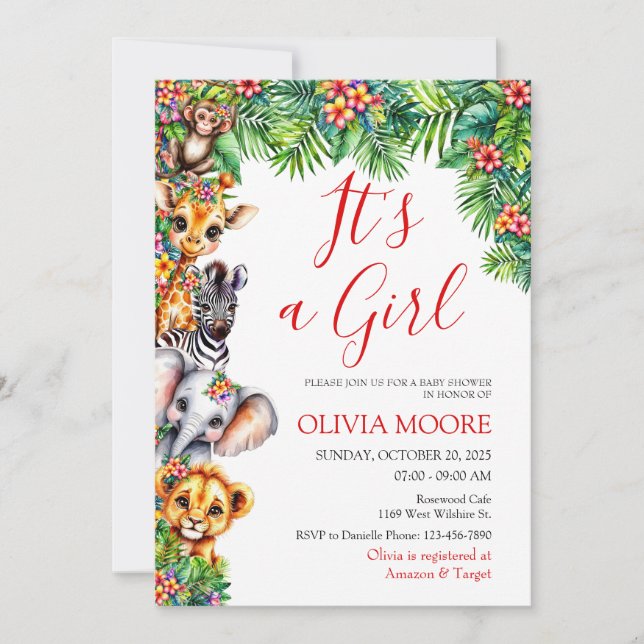 Convite É um Chá de fraldas Safari Garota (Frente)