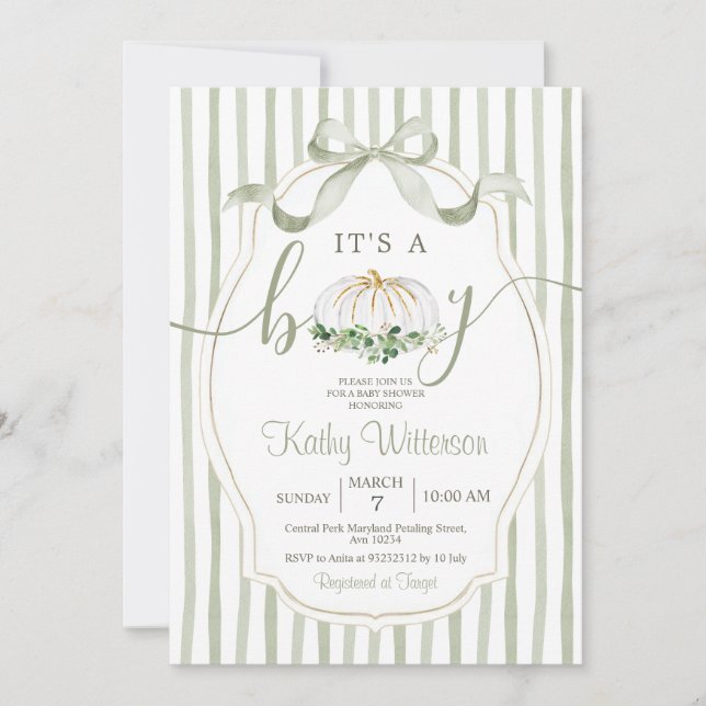 Convite É um Chá de fraldas Verde Dusty Pumpkin (Frente)