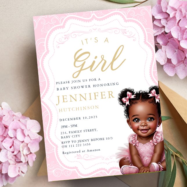 Convite É um Chá de Menina Americana (It's A Girl African American Baby Girl Shower Invitation)