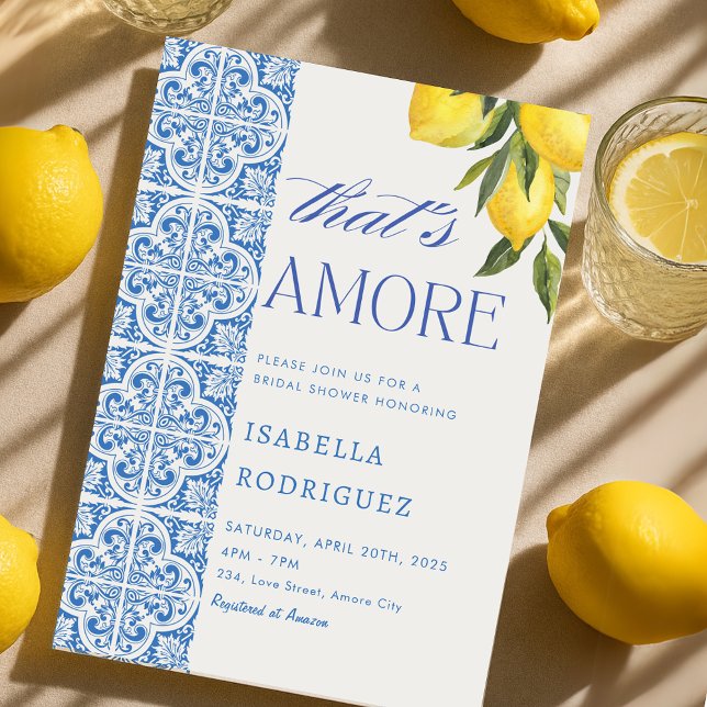 Convite É um Chá de panela de Azulejos Azuis Italiano (That's Amore Italian Blue Tiles Bridal Shower Invitation)