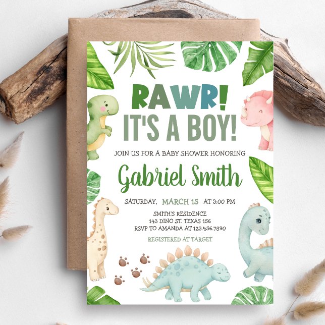 Convite É um Chuveiro de Bebê Dinossauro Menino  (Dinosaur Baby Shower Invitation)