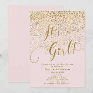 Convite É um Chuveiro de Bebê Menina Rosa e Dourado Confet