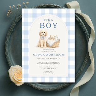 Convite É um Chuveiro de Bebê Xadrez Cachorrinho Menino