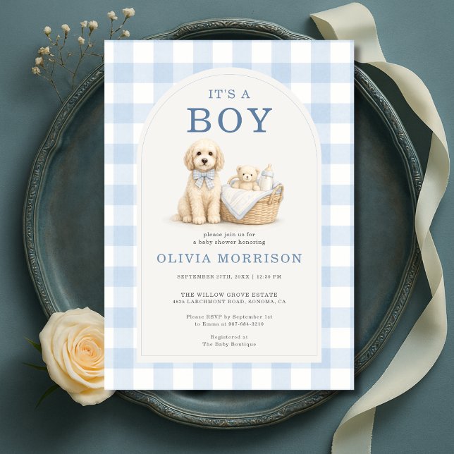Convite É um Chuveiro de Bebê Xadrez Cachorrinho Menino (Criador carregado)