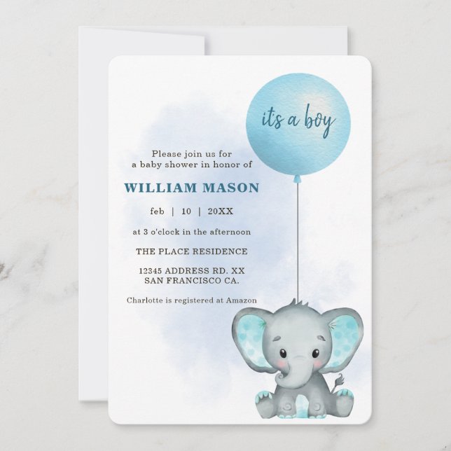 Convite É um Elefante Bebê Menino Balão Azul Chá de Bebê (Frente)