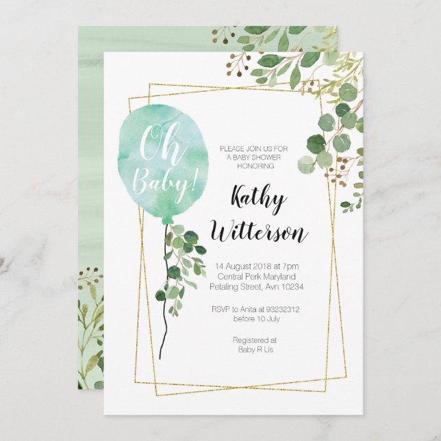 Convite É um garoto Ballon Greenery, chá de fraldas (Frente/Verso)