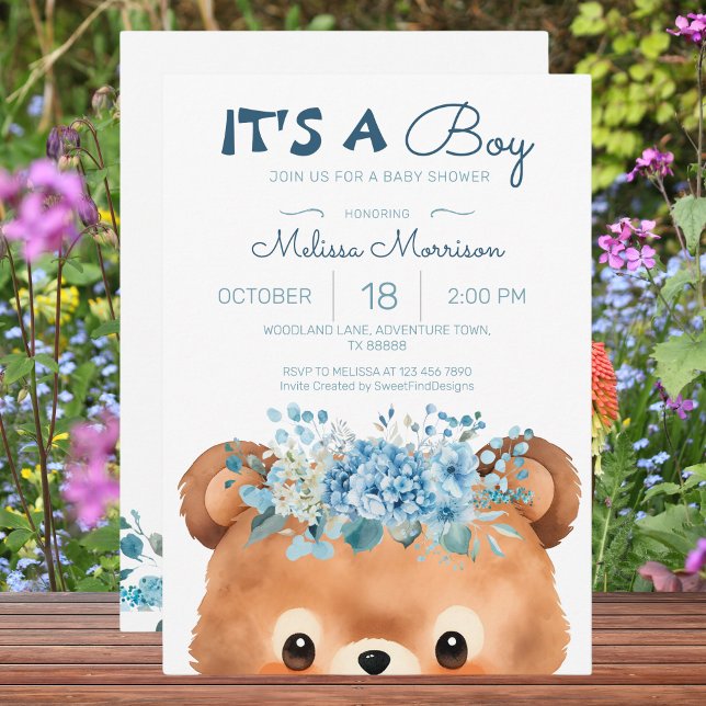 Convite É um garoto Urso Chá de fraldas Azul Floral (It's a boy Bear Floral Blue Baby Shower Invitation)