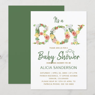 Convite É um MENINO alfabeto floral script chá de bebê