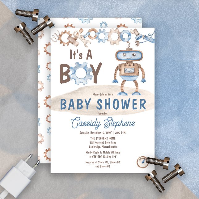 Convite É um menino azul bonito | Chá de fraldas Robô Grei (It's A Boy Cute Blue and Greige Robot Baby Shower Invitation)