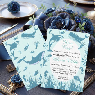 Convite É um menino azul sob o Chá de fraldas do mar