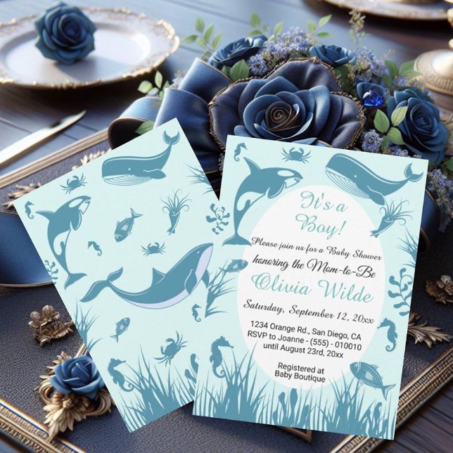 Convite É um menino azul sob o Chá de fraldas do mar (Criador carregado)