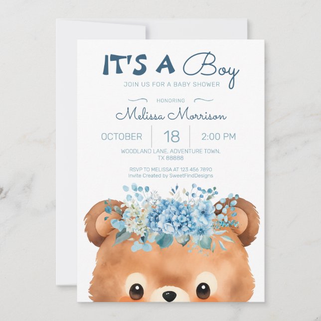 Convite É um menino Bear Blue Chá de fraldas (Frente)