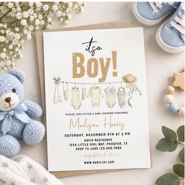Convite É um Menino! Chá de Bebê Azul - Fofo & Doce (It’s a Boy! Blue Baby Shower – Cute & Sweet Invitation)