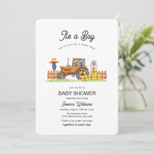 Convite É um menino Chassi Trator Baby Shower