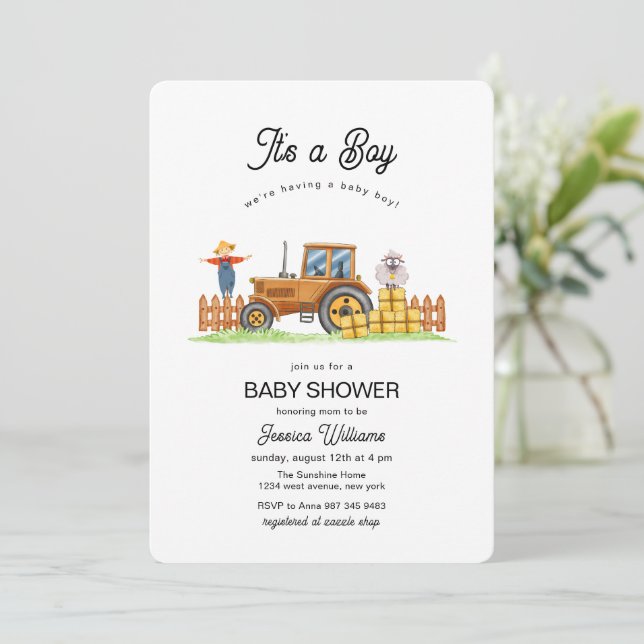 Convite É um menino Chassi Trator Baby Shower  (Em pé/Frente)