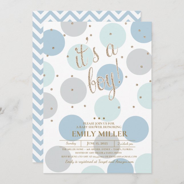 Convite É um menino - Cinza, Turquesa e Chá de fraldas azu (Frente/Verso)