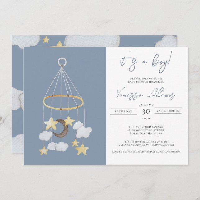 Convite É um menino! Lua e estrelas Chá do infantário móve (Frente/Verso)