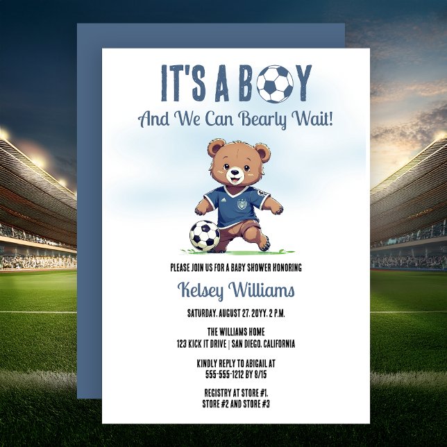 Convite É um menino, mal posso esperar, jogador de futebol (Cute Blue "It's A Boy and We Can Bearly Wait!" Teddy Bear Soccer Player Boy Baby Shower Invitation)