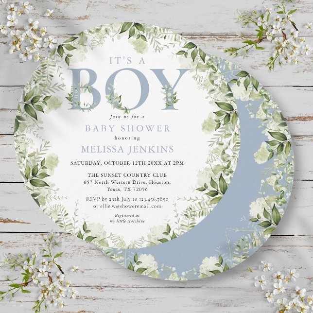 Convite É um menino, verde, azul-acinzentado, letra, chá d (Its A Boy Greenery Dusty Blue Letter Baby Shower Invitation)