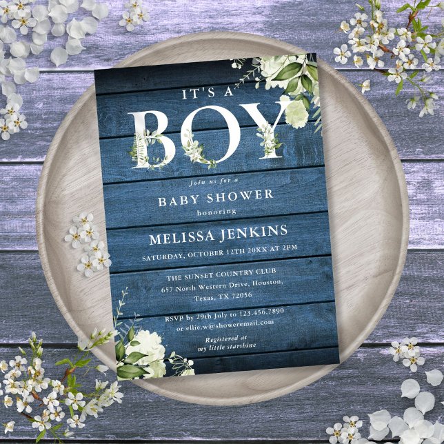Convite É um Menino Verde Azul Rústico Madeira Churrasco d (Its A Boy Greenery Blue Rustic Wood Baby Shower Invitation)
