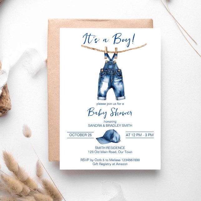 Convite É um modelo de jeans azul de menino (It's a boy blue jeans baby shower template invitation digital download cute jeans overalls and a cap)