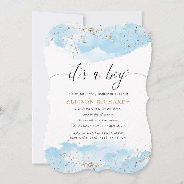 Convite É um rapaz, azul-d'água e chá de fraldas de ouro (Frente)