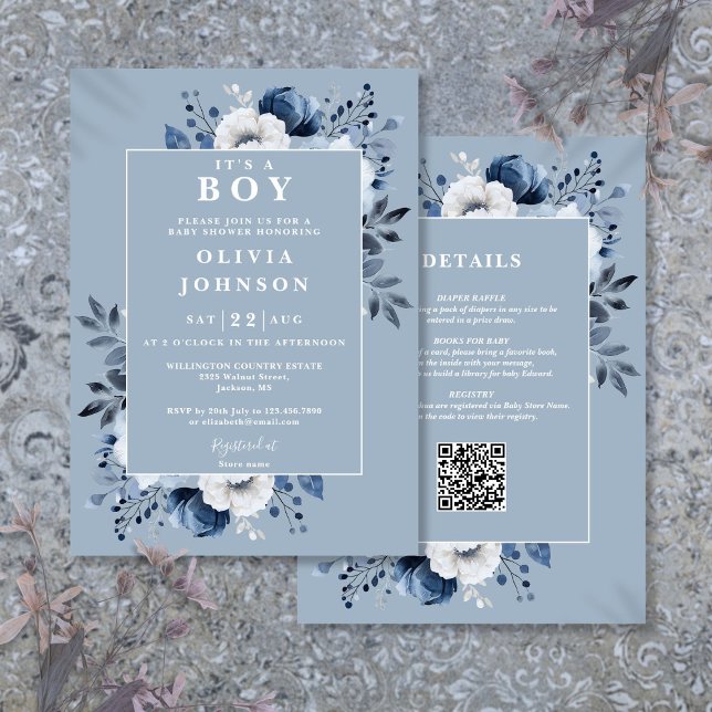 Convite É Um Rapaz Azul Fleal Tudo Em Um Chá de fraldas (Its A Boy Dusty Blue Floral All In One Baby Shower Invitation)