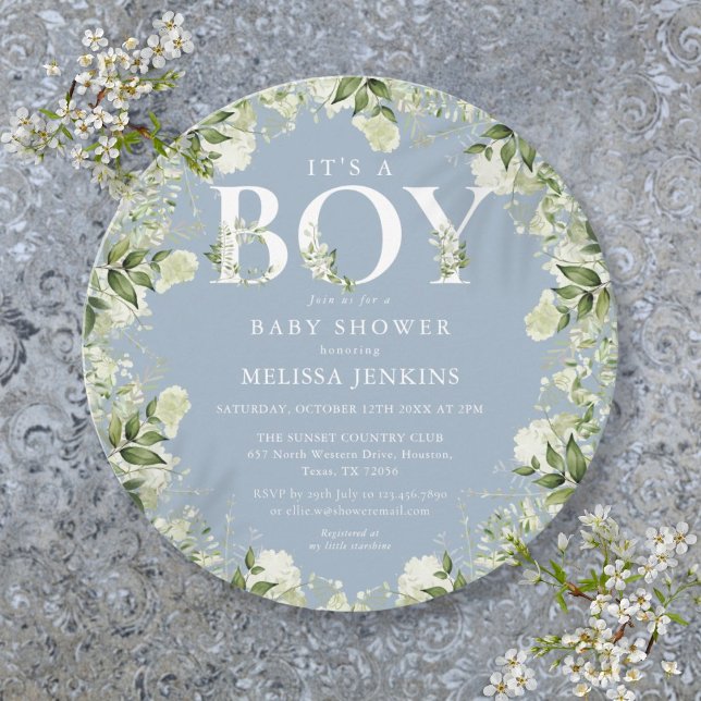 Convite É Um Rapaz Azul Verde Chá de fraldas (Its A Boy Dusty Blue Greenery Letter Baby Shower Invitation)