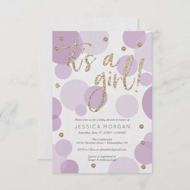 Convite É uma Chá de fraldas Roxa que convida Bolinhas (Frente/Verso)