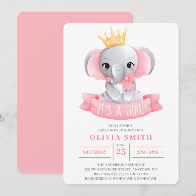 Convite É uma Elefante Fofa Menina Aquarela Chá de Bebê  (Frente/Verso)