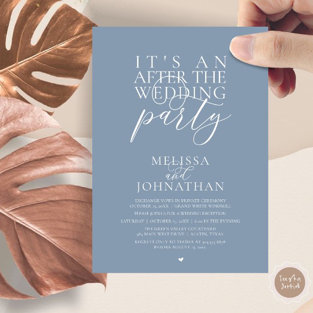 Convite É uma festa após o casamento, recepção moderna (It's an after the wedding party, modern reception invitation Card in Yellow Dusty Blue)