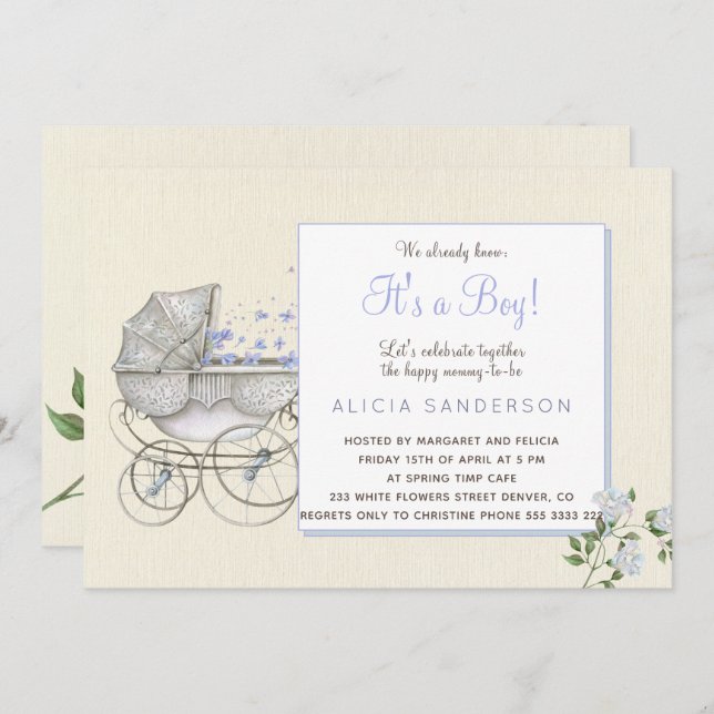 Convite É uma festa de chá de carruagems de bebês. (Frente/Verso)