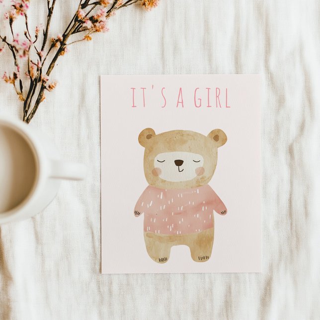 Convite É uma garota adormecida, Chá de fraldas rosa-rosa (Simple pink girl sleepy bear "It's a girl" baby shower invitation card.)