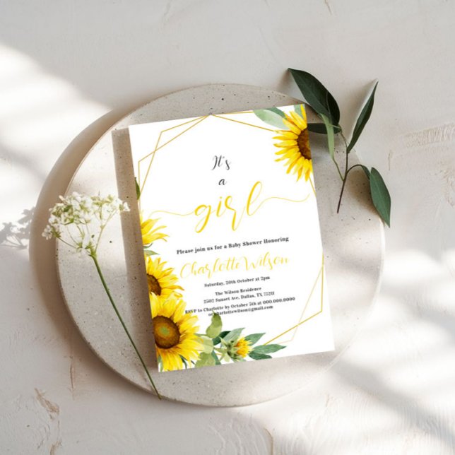 Convite É uma garota! Aquarela Chá de fraldas girassol (Criador carregado)