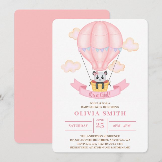Convite É uma garota aquarela Panda no balão de ar quente (Frente/Verso)