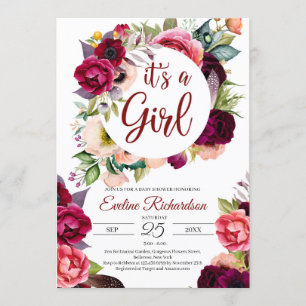 Convite É uma garota, blush burgundy e maroon floral.