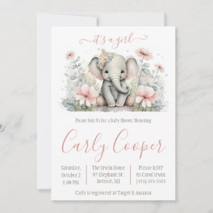 Convite É uma garota! Chá de fraldas de Elefante Floral