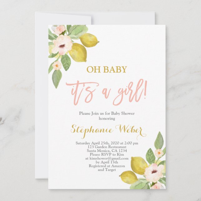 Convite É uma garota Chá de fraldas de limões de citros (Frente)