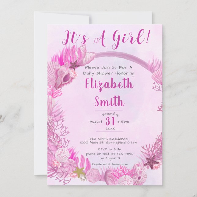 Convite É uma garota debaixo do Chá de fraldas rosa-do-mar (Frente)