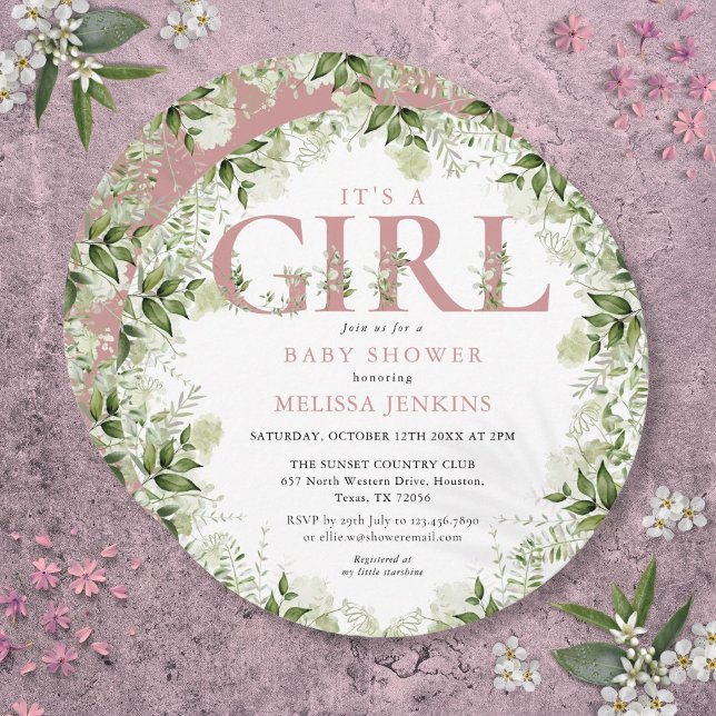 Convite É Uma Garota Greenerescente Rosa - Letra Chá de fr (Its A Girl Greenery Dusty Rose Letter Baby Shower Invitation)