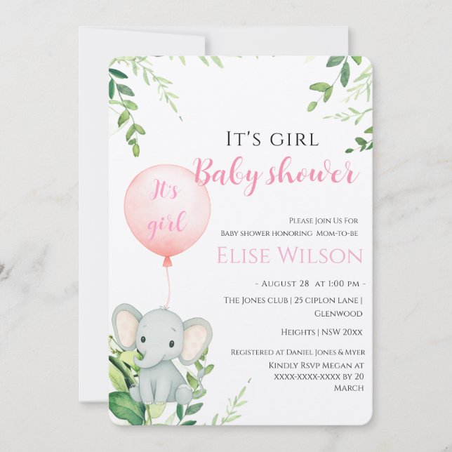 Convite É uma garota! Pequeno elefante bonito com balão (Frente)