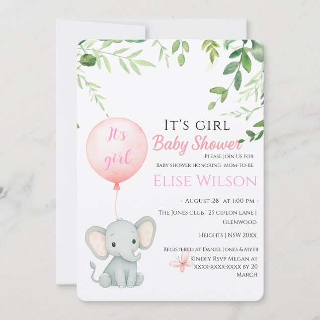 Convite É uma garota! Pequeno elefante bonito com balão (Frente)