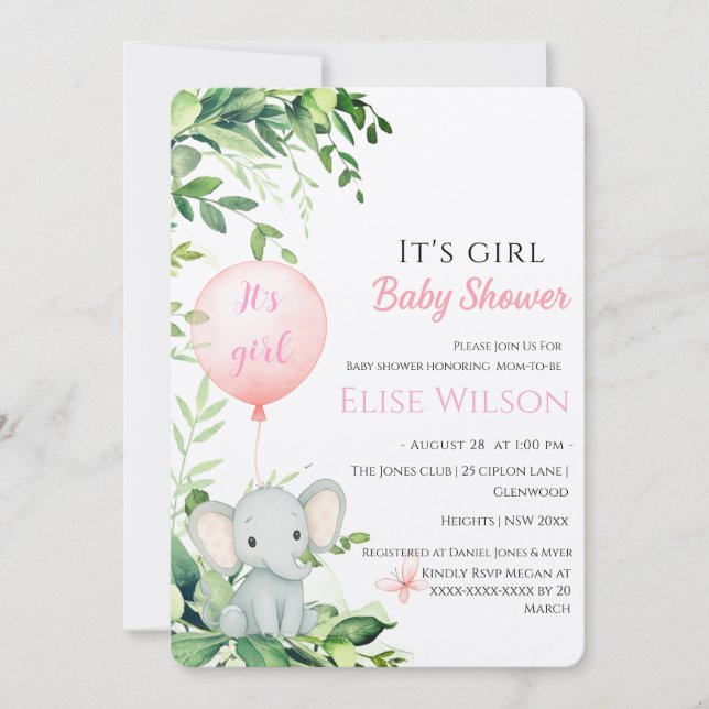 Convite É uma garota! Pequeno elefante bonito com balão (Frente)