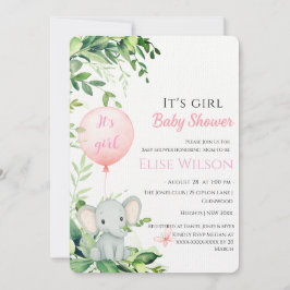 Convite É uma garota! Pequeno elefante bonito com balão