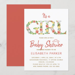 Convite É uma MENINA alfabeto floral script chá de bebê