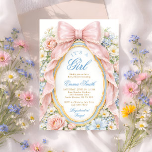 Convite É uma Menina Arco Floral Rosa Coquette Chá de Bebê