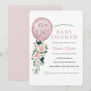 Convite É uma Menina Balão Baby Shower Rosa