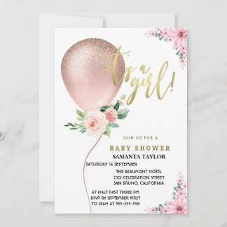 Convite É Uma Menina! Balão Rosa Floral Celebração