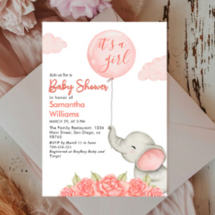 Convite É uma menina Chá de Bebê Elefante Floral Rosa