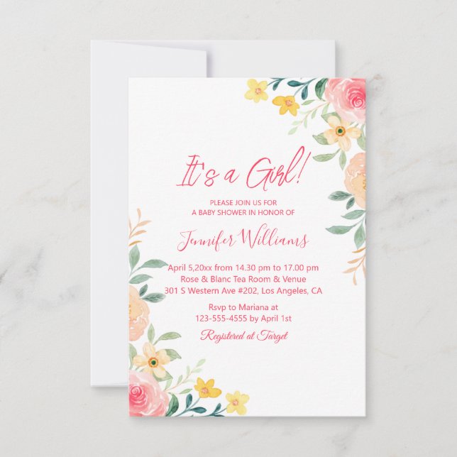 Convite é uma menina, chá de fraldas floral rosa-d'água (Frente)